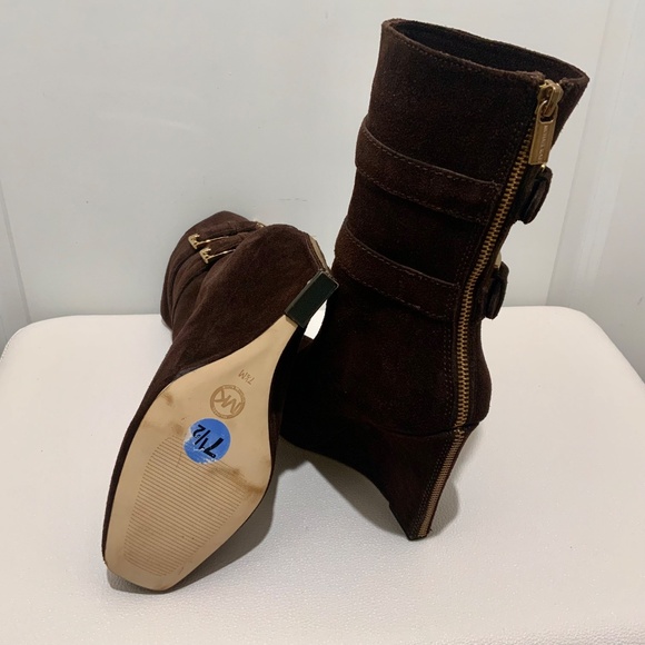 Michael Kors Parker Brown Suede Leather Wedge Bootie Exposed Zip Ankle Boots 7.5 - Picture 10 of 16
